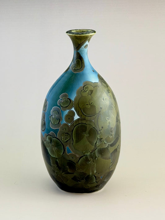 Hand-Thrown Porcelain Flower Vase – Iridescent Patina Green Crystalline Glaze – Stephan Roy Studio
