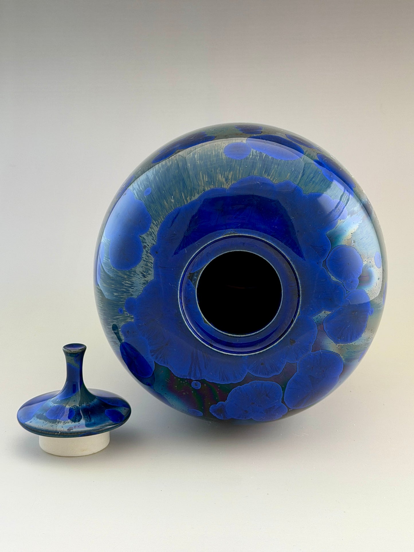 Hand-Thrown Porcelain Cremation Urn – 168 Cubic Inch Memorial Urn – Cobalt Blue Green & Gray Crystalline Glaze – Stephan Roy Studio
