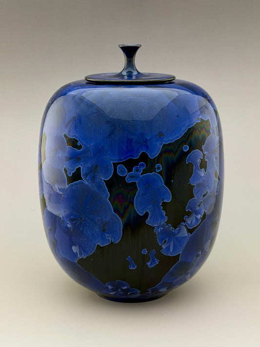 Hand-Thrown Porcelain Cremation Urn – 160 Cubic Inch Memorial Urn – Cobalt Blue Crystalline Glaze – Stephan Roy Studio