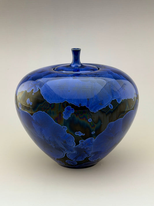 Hand-Thrown Porcelain Cremation Urn – 138 Cubic Inch Memorial Urn – Cobalt Blue Crystalline Glaze – Stephan Roy Studio