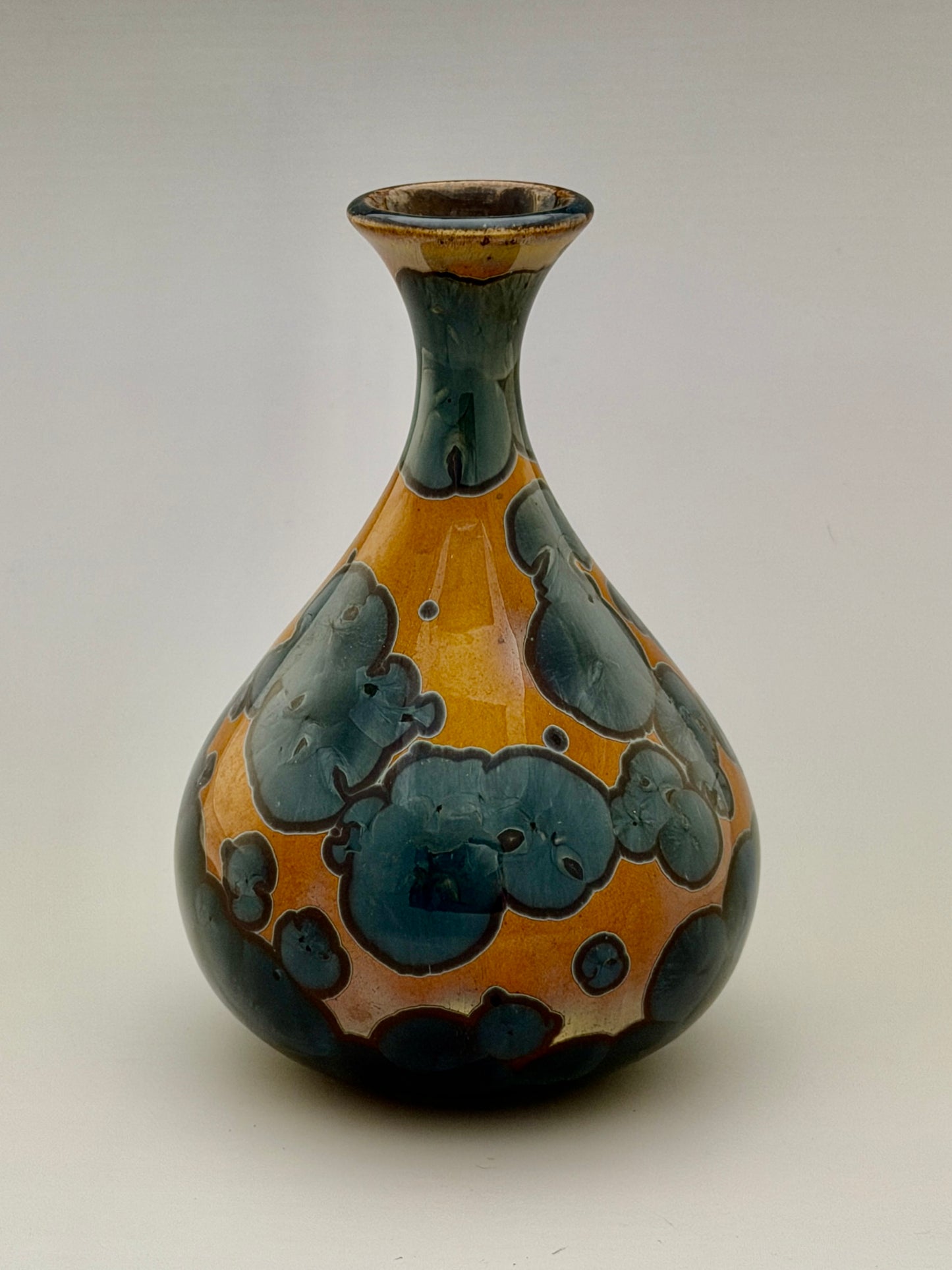Hand-Thrown Porcelain Flower Vase – Yellow Nickel Blue Crystalline Glaze – Stephan Roy Studio
