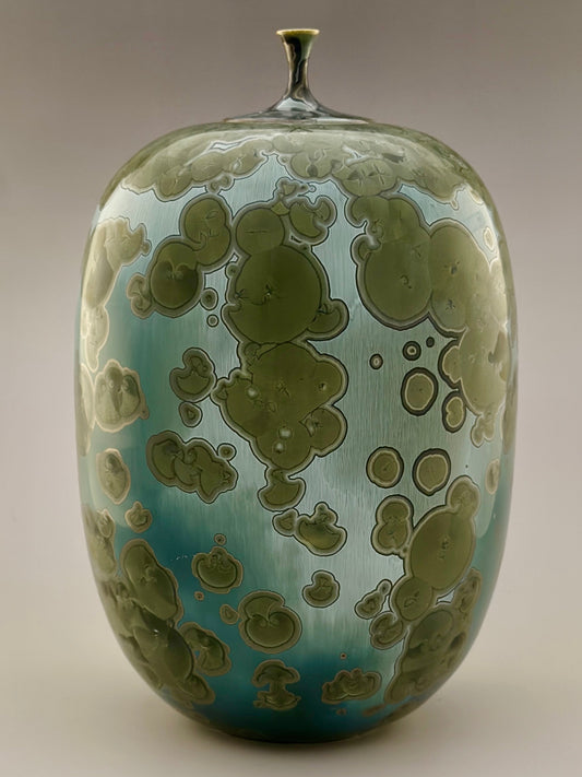 Hand-Thrown Cremation Urn 150 cu in | Patina green Crystalline Glaze | Stephan Roy Studio