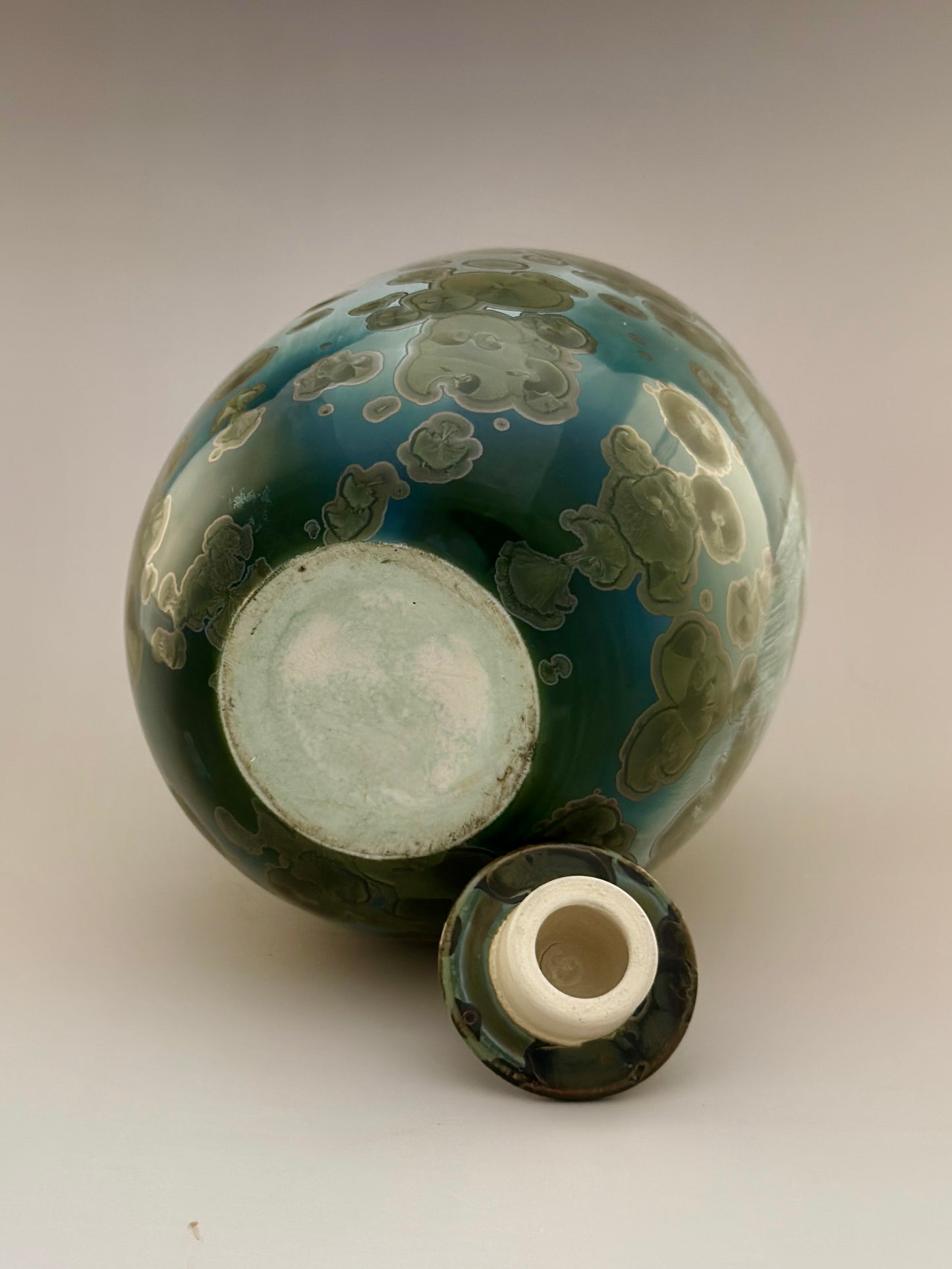 Hand-Thrown Cremation Urn 150 cu in | Patina green Crystalline Glaze | Stephan Roy Studio