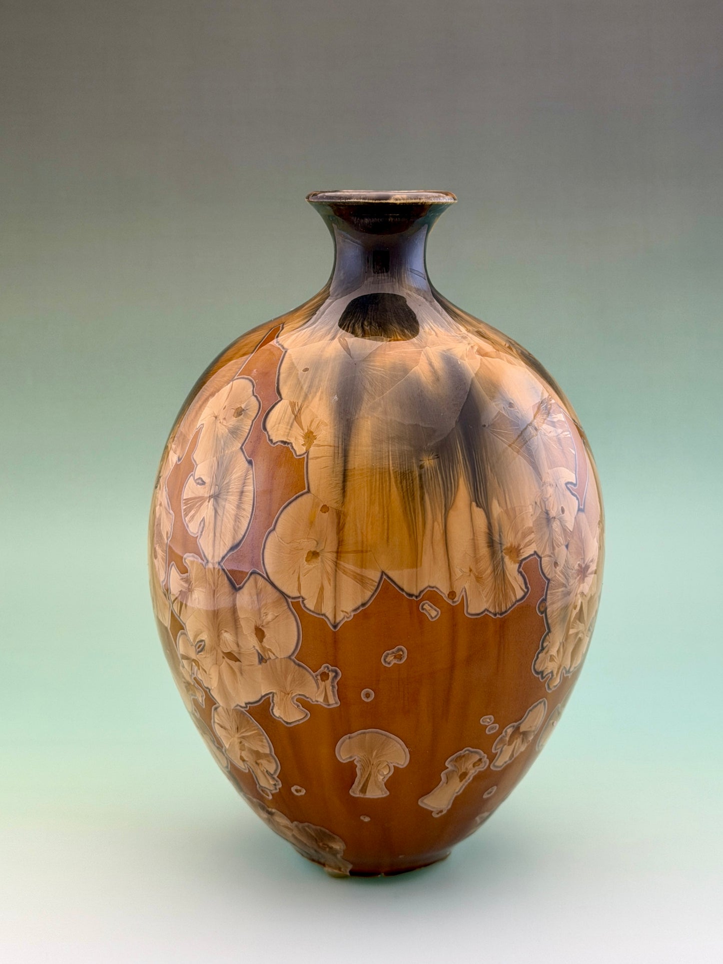Hand-Thrown Porcelain Medium Flower Vase – Pale Honey Gold & Black Crystalline Glaze – Stephan Roy Studio