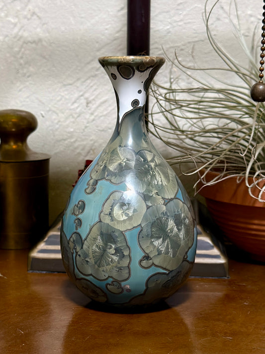 Hand-Thrown Porcelain Flower Vase – Iridescent Patina Green Crystalline Glaze – Stephan Roy Studio