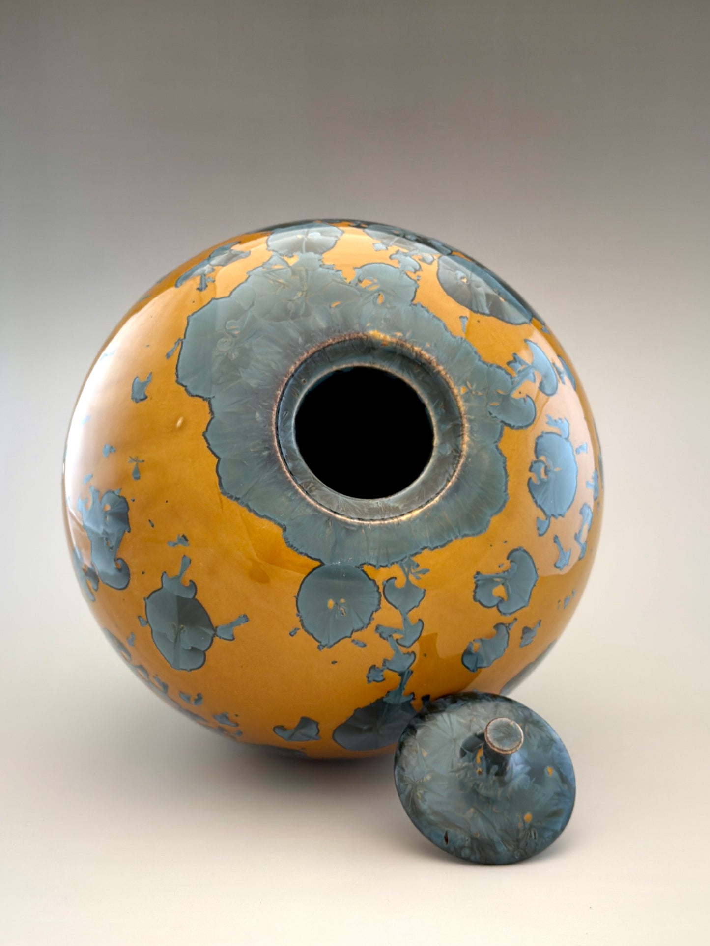 Hand-Thrown Porcelain Cremation Urn – 300 Cubic Inch Memorial Urn – Nickel Orange/Yellow Crystalline Glaze – Stephan Roy Studio