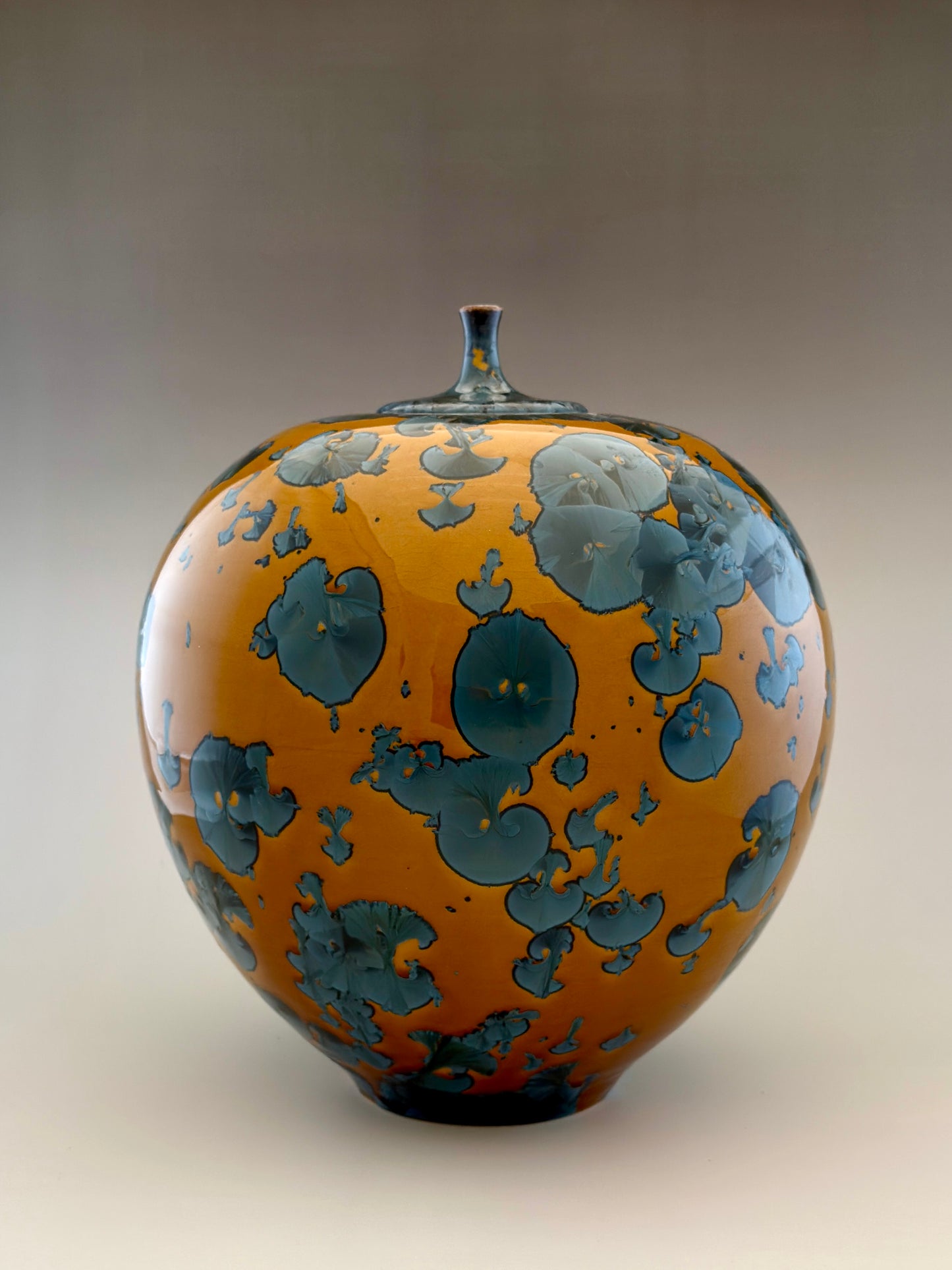 Hand-Thrown Porcelain Cremation Urn – 300 Cubic Inch Memorial Urn – Nickel Orange/Yellow Crystalline Glaze – Stephan Roy Studio