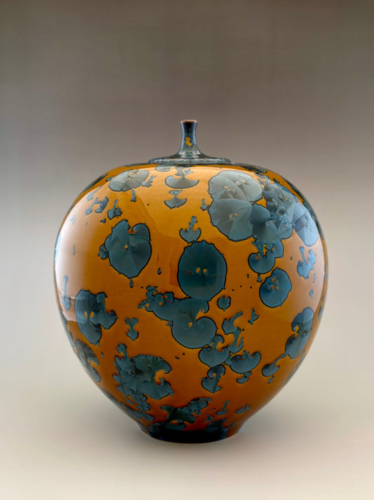 Hand-Thrown Porcelain Cremation Urn – 300 Cubic Inch Memorial Urn – Nickel Orange/Yellow Crystalline Glaze – Stephan Roy Studio