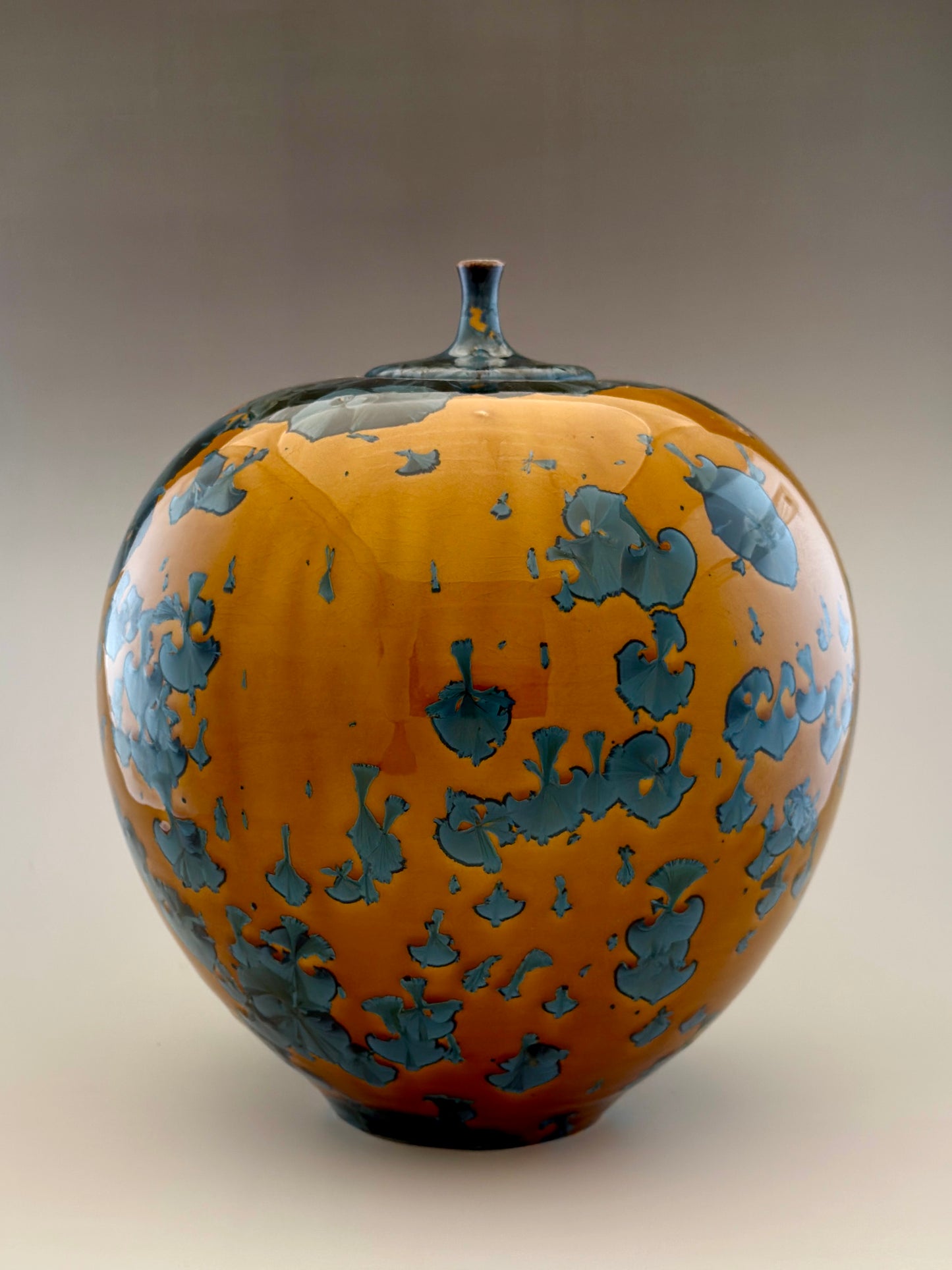 Hand-Thrown Porcelain Cremation Urn – 300 Cubic Inch Memorial Urn – Nickel Orange/Yellow Crystalline Glaze – Stephan Roy Studio