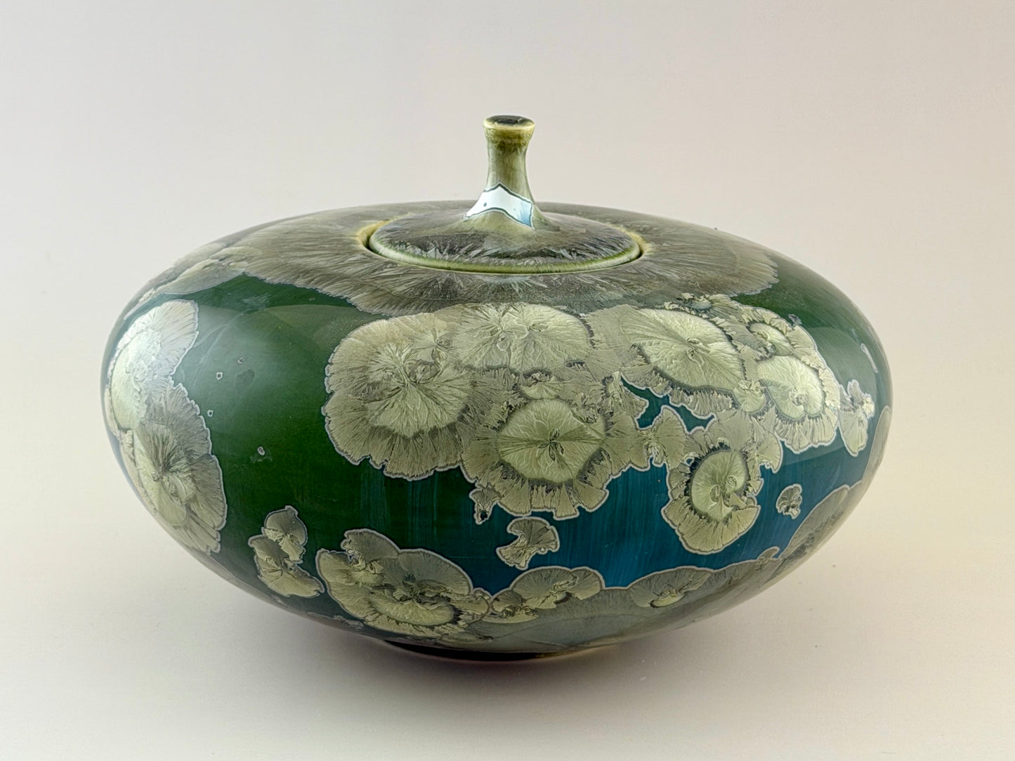Hand-Thrown Porcelain Cremation Urn – 120 Cubic Inch Memorial Urn – Patina Copper Crystalline Glaze – Stephan Roy Studio
