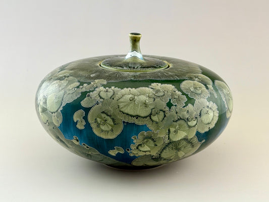 Hand-Thrown Porcelain Cremation Urn – 120 Cubic Inch Memorial Urn – Patina Copper Crystalline Glaze – Stephan Roy Studio