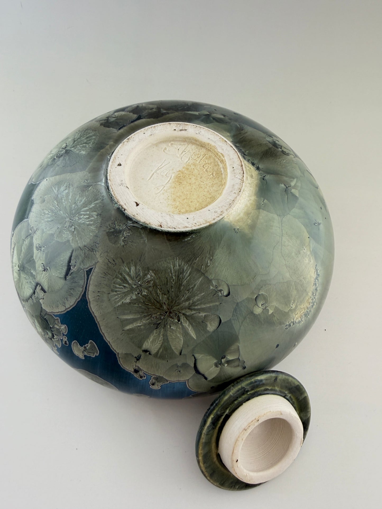 Hand-Thrown Porcelain Cremation Urn – 120 Cubic Inch Memorial Urn – Patina Copper Crystalline Glaze – Stephan Roy Studio