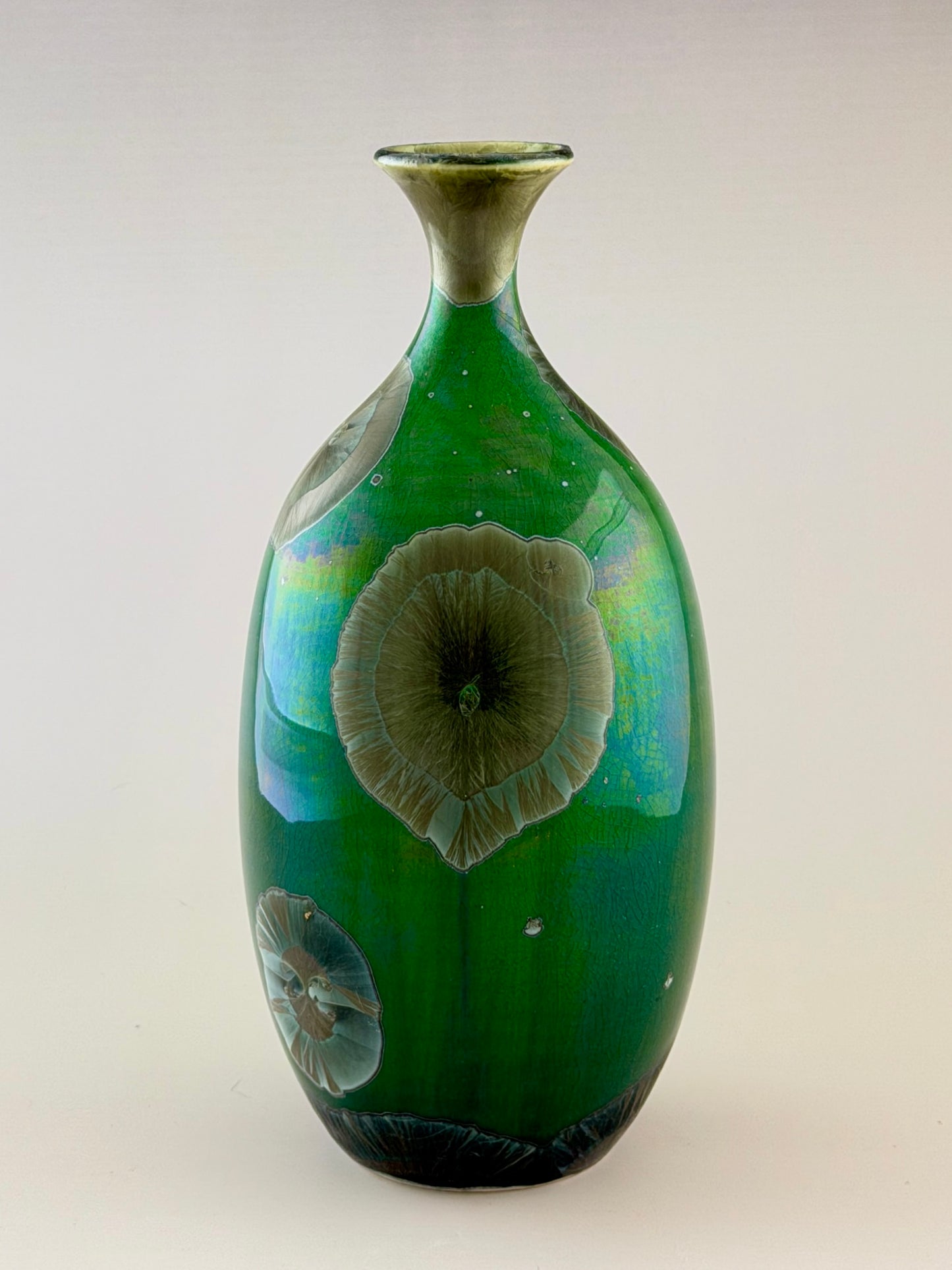 Hand-Thrown Porcelain Flower Vase – Iridescent Patina Green Crystalline Glaze – Stephan Roy Studio