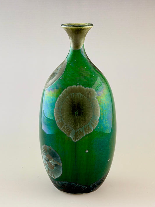 Hand-Thrown Porcelain Flower Vase – Iridescent Patina Green Crystalline Glaze – Stephan Roy Studio