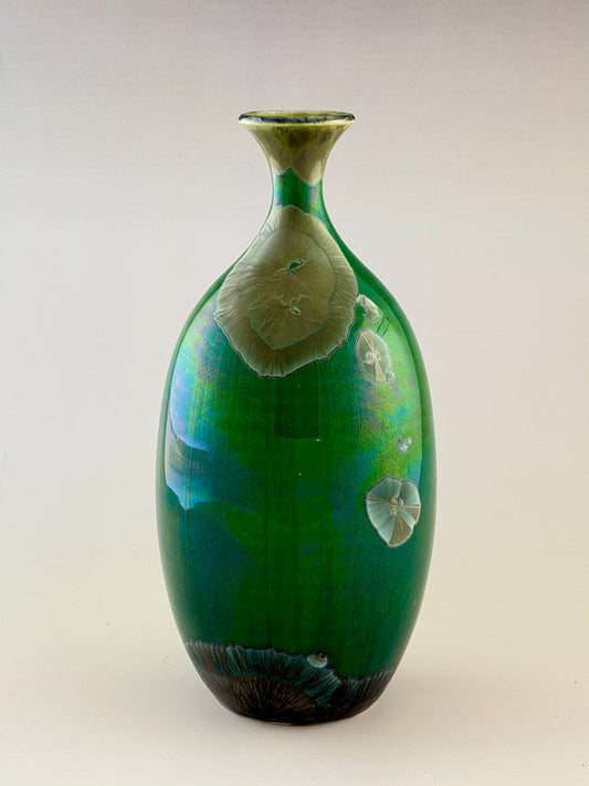 Hand-Thrown Porcelain Flower Vase – Iridescent Patina Green Crystalline Glaze – Stephan Roy Studio