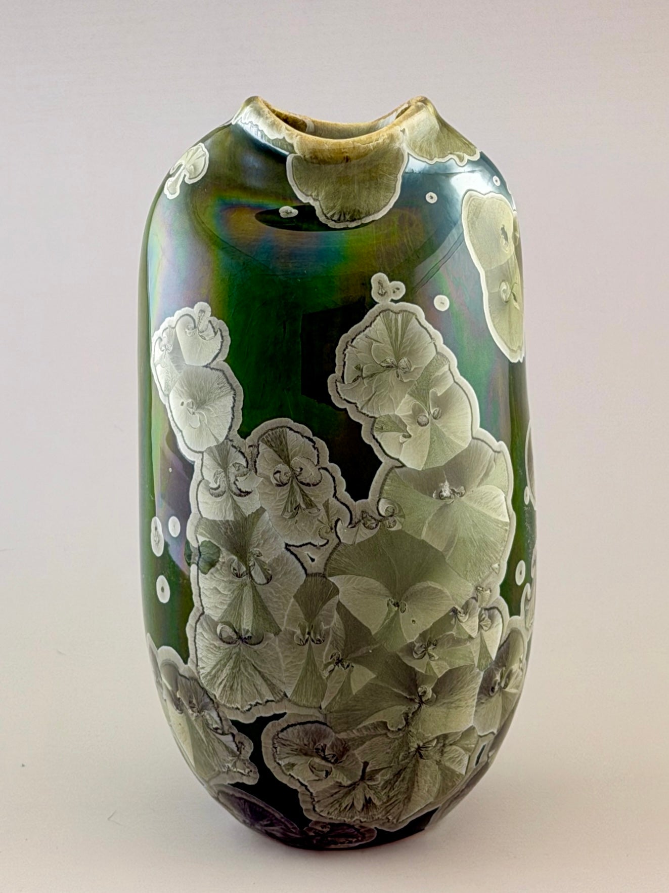 Hand-Thrown Altered Porcelain Flower Vase – Iridescent Patina Green Crystalline Glaze – Stephan Roy Studio