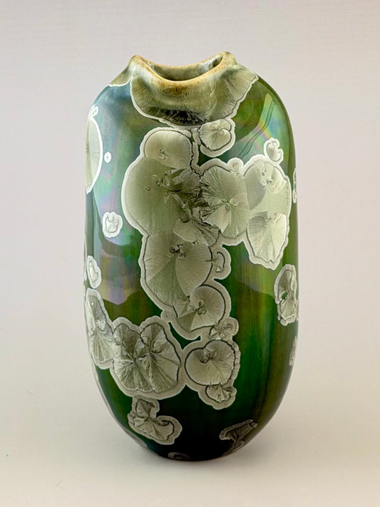 Hand-Thrown Altered Porcelain Flower Vase – Iridescent Patina Green Crystalline Glaze – Stephan Roy Studio
