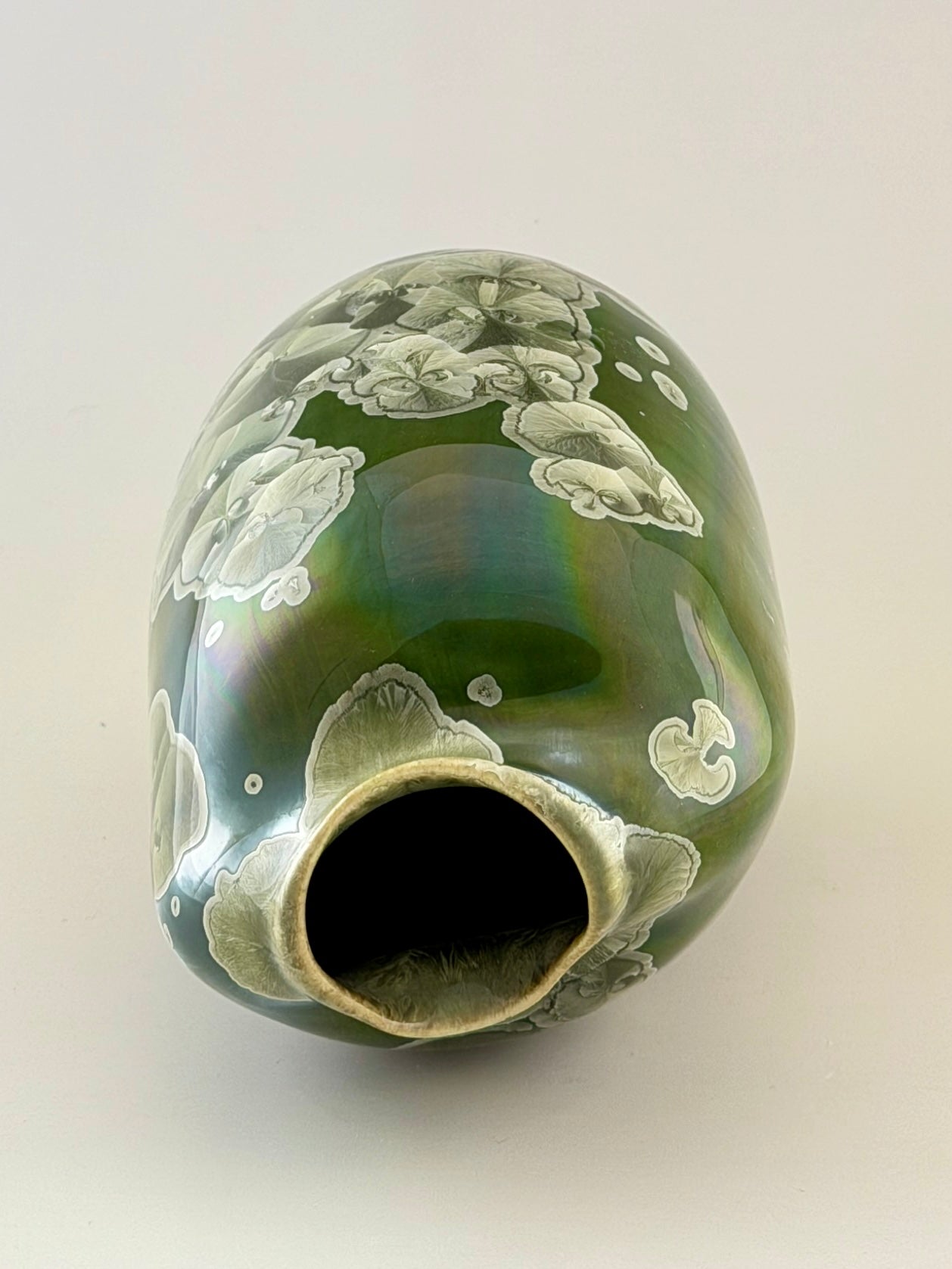 Hand-Thrown Altered Porcelain Flower Vase – Iridescent Patina Green Crystalline Glaze – Stephan Roy Studio