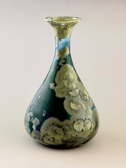Hand-Thrown Porcelain Flower Vase – Iridescent Patina Green Crystalline Glaze – Stephan Roy Studio