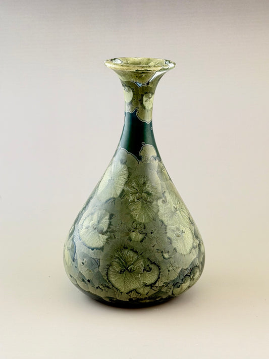 Hand-Thrown Porcelain Flower Vase – Iridescent Patina Green Crystalline Glaze – Stephan Roy Studio