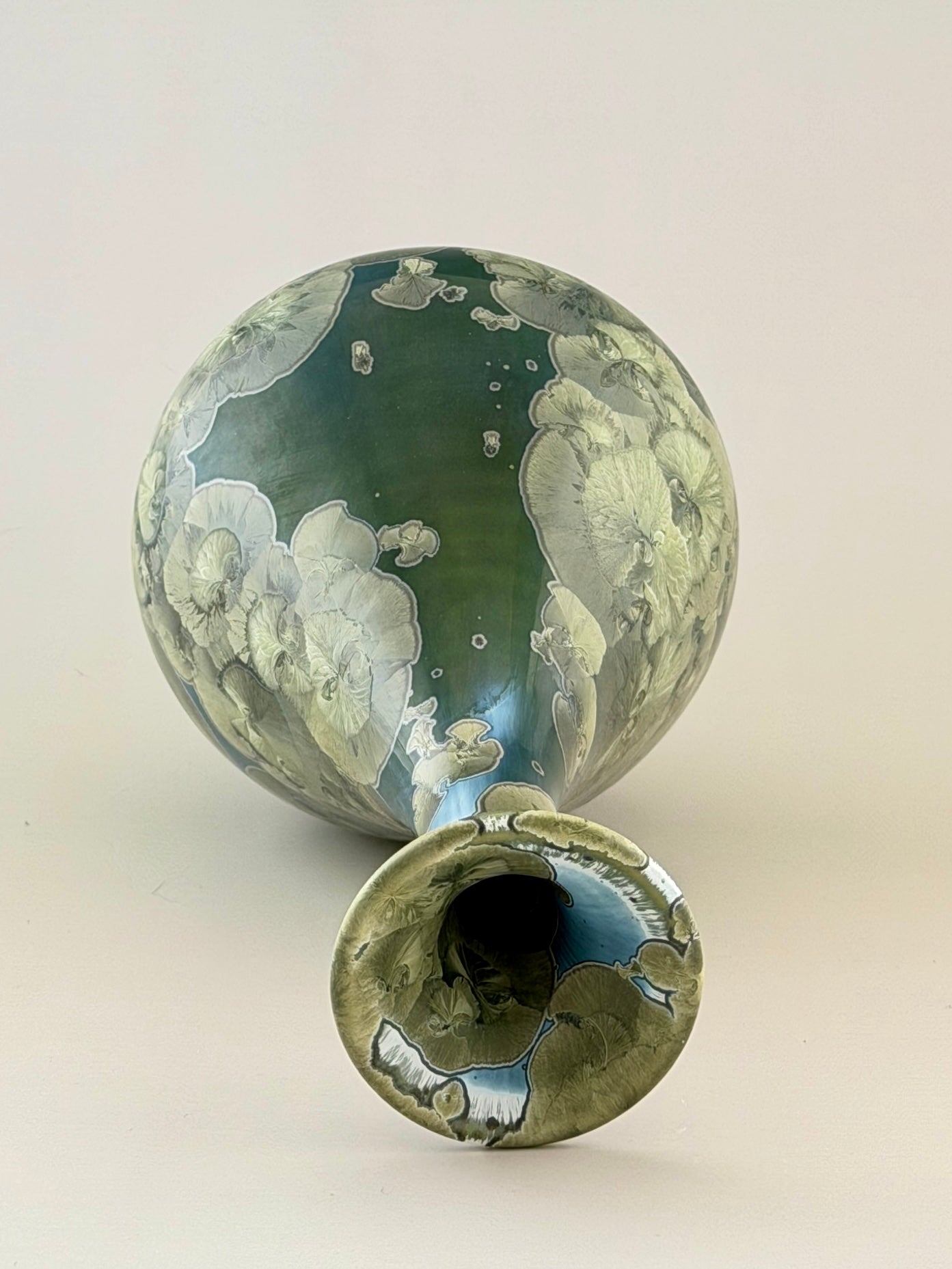 Hand-Thrown Porcelain Flower Vase – Iridescent Patina Green Crystalline Glaze – Stephan Roy Studio