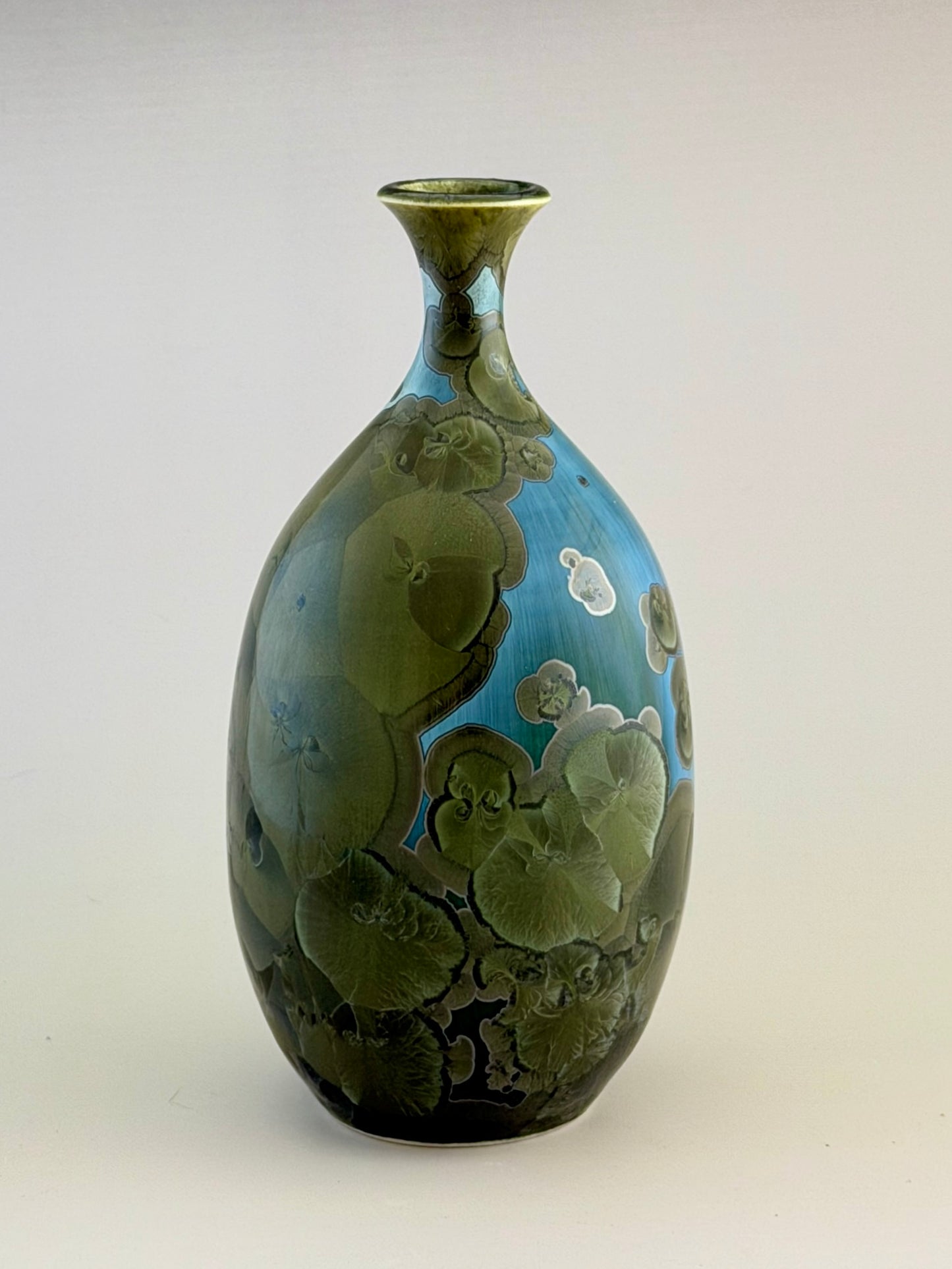 Hand-Thrown Porcelain Flower Vase – Iridescent Patina Green Crystalline Glaze – Stephan Roy Studio