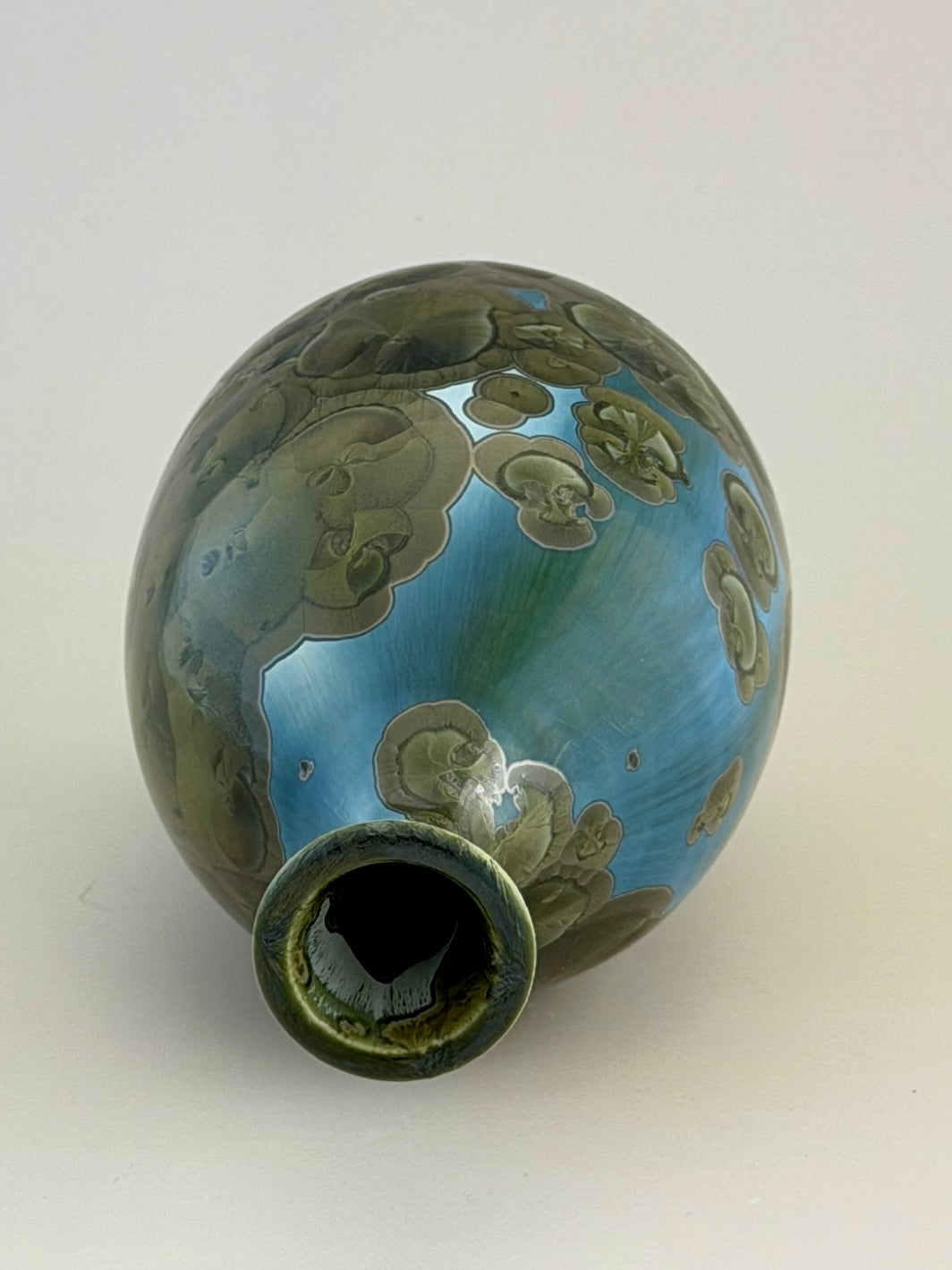Hand-Thrown Porcelain Flower Vase – Iridescent Patina Green Crystalline Glaze – Stephan Roy Studio