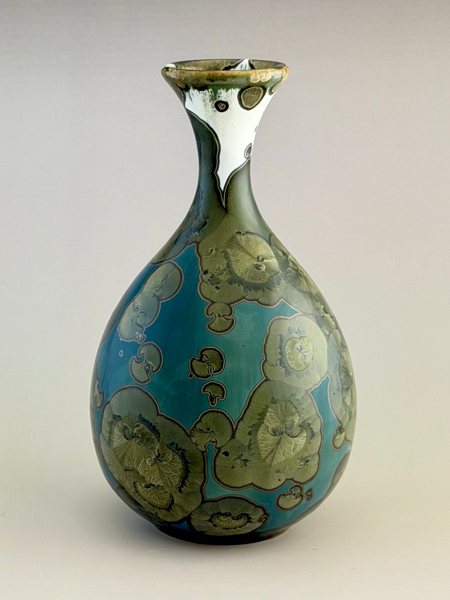 Hand-Thrown Porcelain Flower Vase – Iridescent Patina Green Crystalline Glaze – Stephan Roy Studio