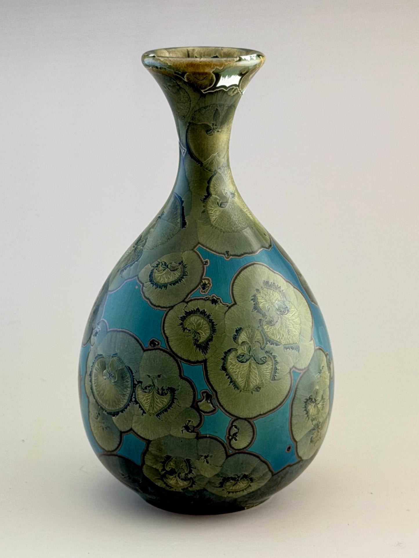 Hand-Thrown Porcelain Flower Vase – Iridescent Patina Green Crystalline Glaze – Stephan Roy Studio