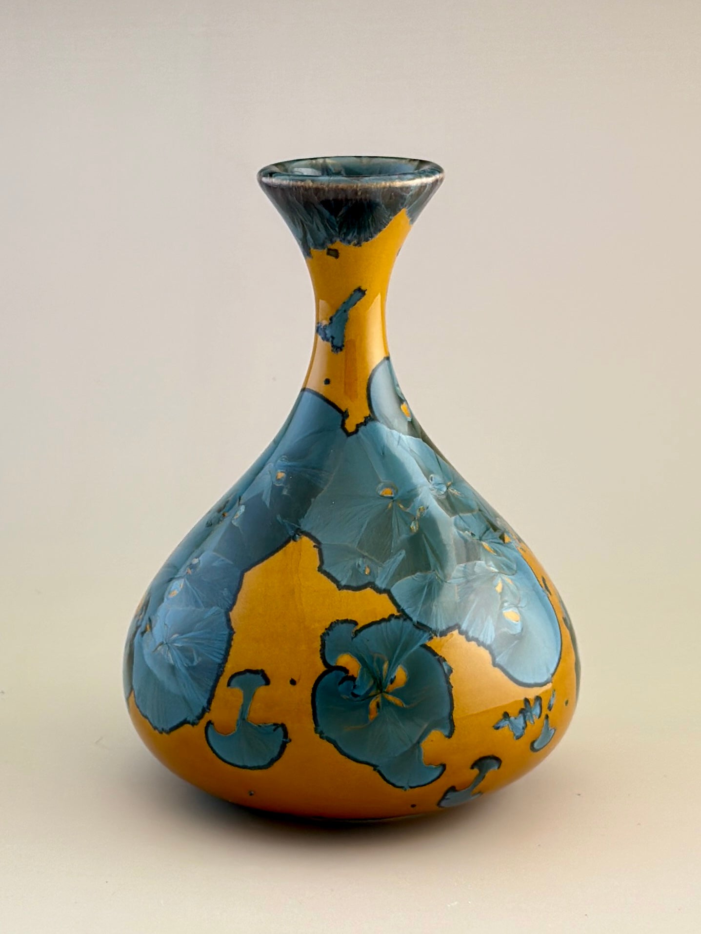 Hand-Thrown Porcelain Flower Vase – Yellow Nickel Blue Crystalline Glaze – Stephan Roy Studio
