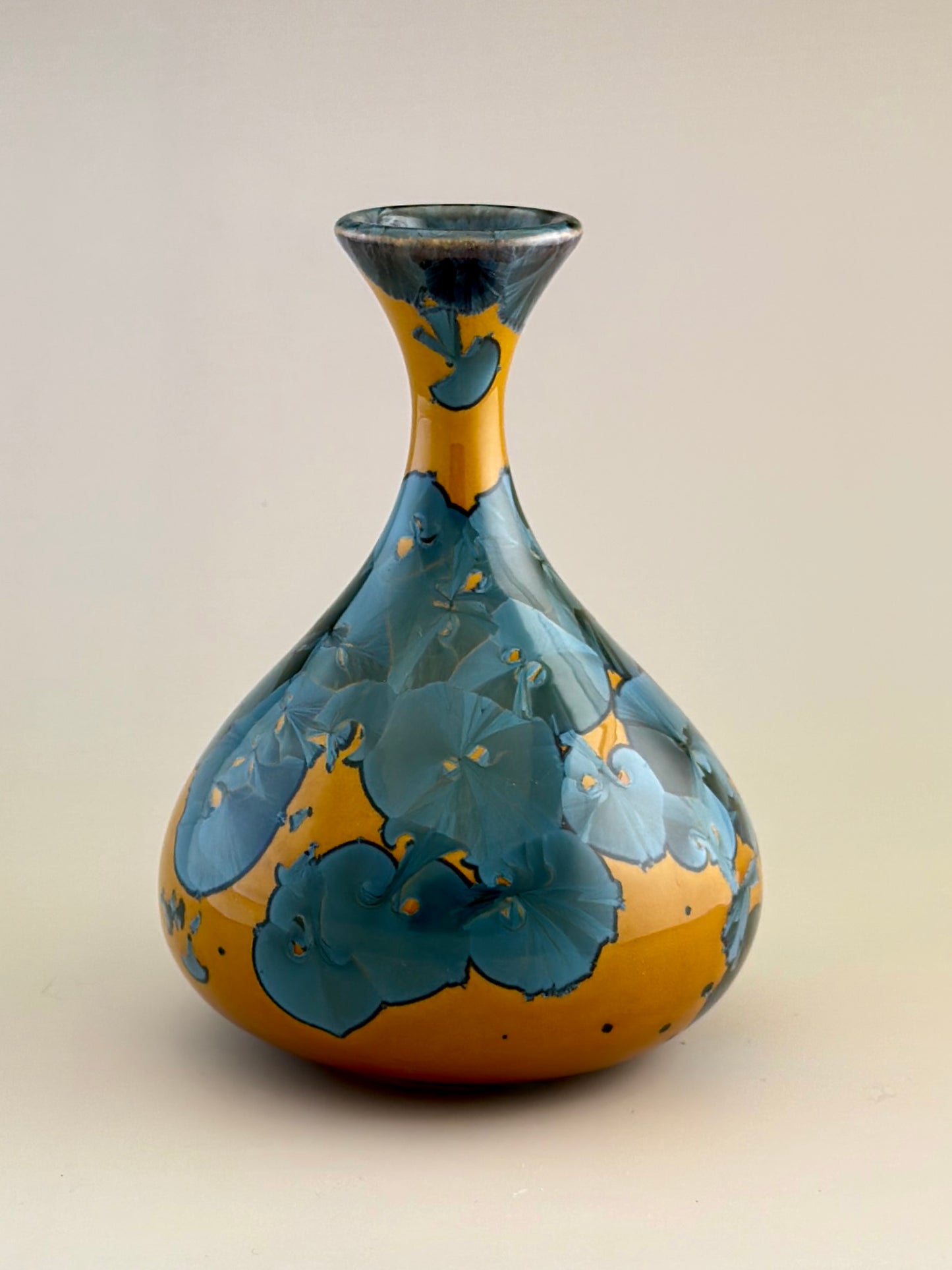 Hand-Thrown Porcelain Flower Vase – Yellow Nickel Blue Crystalline Glaze – Stephan Roy Studio