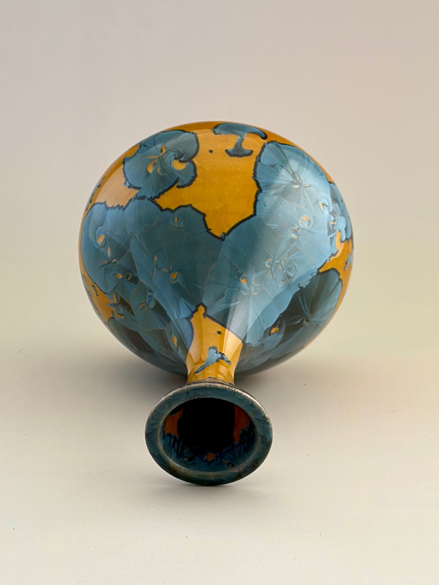 Hand-Thrown Porcelain Flower Vase – Yellow Nickel Blue Crystalline Glaze – Stephan Roy Studio