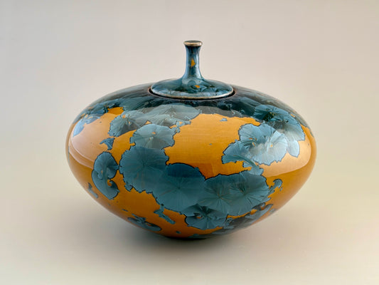 Hand-Thrown Porcelain Cremation Urn – 120 Cubic Inch Memorial Urn – Nickel Yellow Crystalline Glaze – Stephan Roy Studio