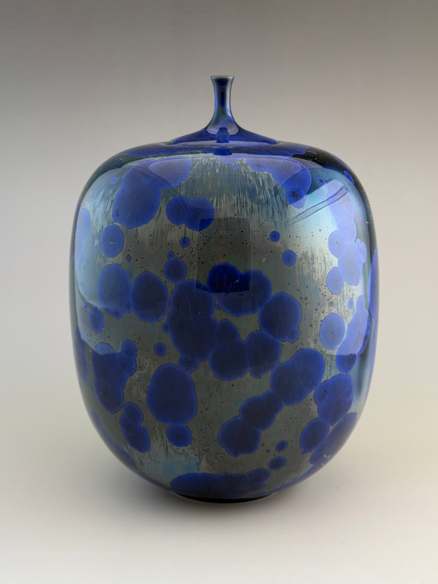Hand-Thrown Porcelain Cremation Urn – 168 Cubic Inch Memorial Urn – Cobalt Blue Green & Gray Crystalline Glaze – Stephan Roy Studio