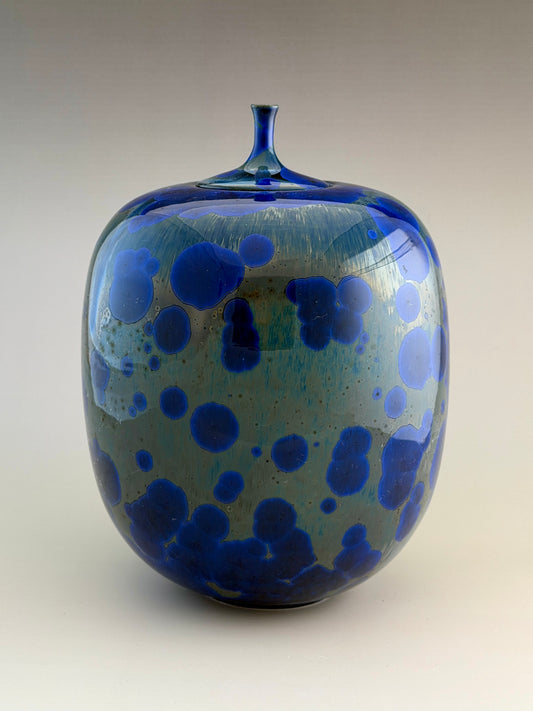 Hand-Thrown Porcelain Cremation Urn – 168 Cubic Inch Memorial Urn – Cobalt Blue Green & Gray Crystalline Glaze – Stephan Roy Studio