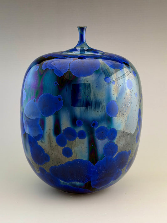 Hand-Thrown Porcelain Cremation Urn – 168 Cubic Inch Memorial Urn – Cobalt Blue Green & Gray Crystalline Glaze – Stephan Roy Studio