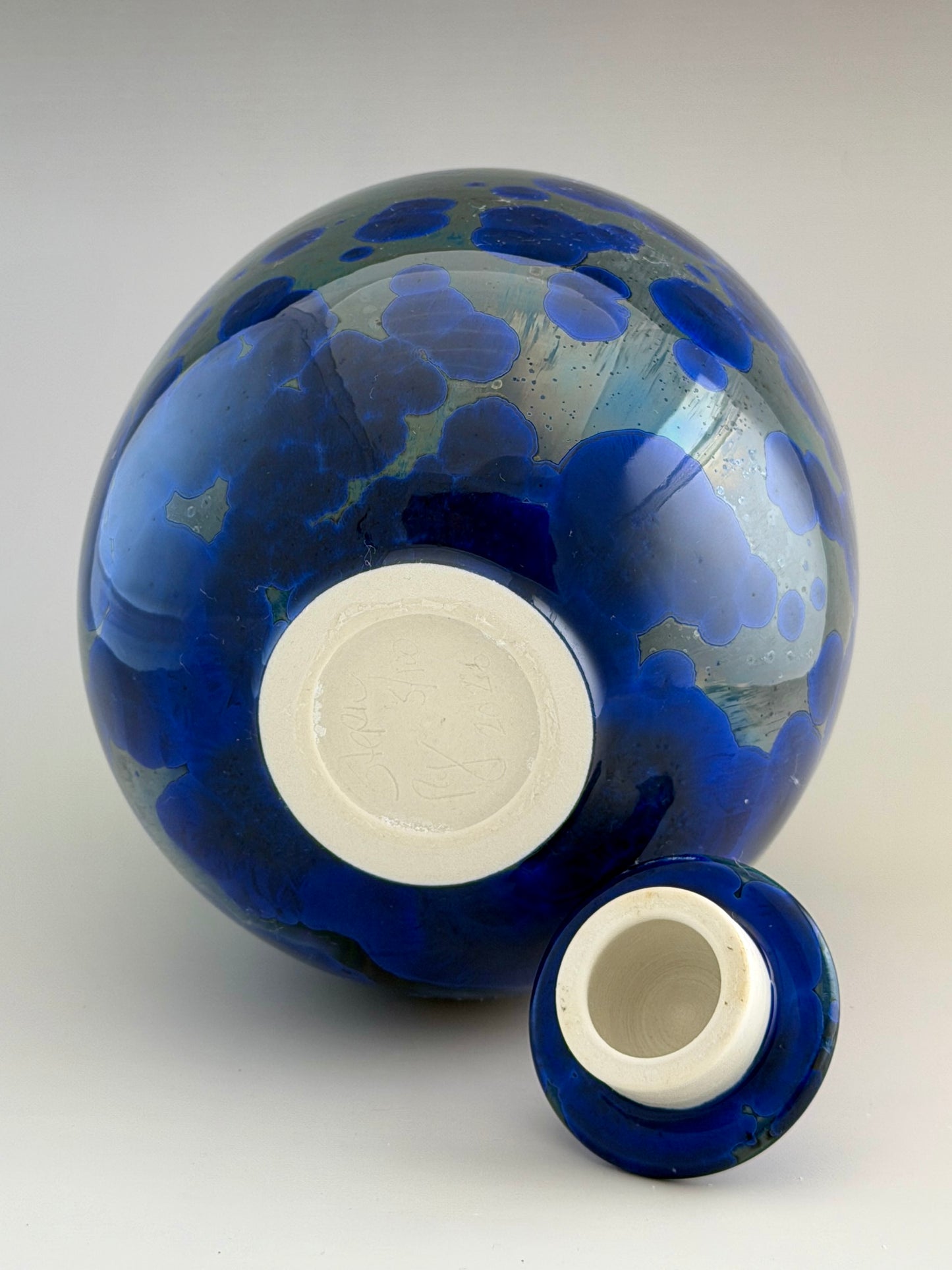 Hand-Thrown Porcelain Cremation Urn – 168 Cubic Inch Memorial Urn – Cobalt Blue Green & Gray Crystalline Glaze – Stephan Roy Studio