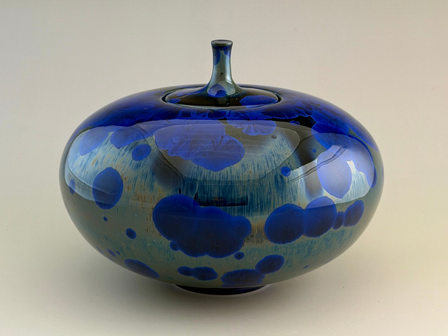 Hand-Thrown Porcelain Cremation Urn – 105 Cubic Inch Memorial Urn – Cobalt Blue Green Crystalline Glaze – Stephan Roy Studio