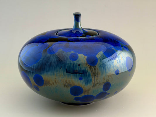 Hand-Thrown Porcelain Cremation Urn – 105 Cubic Inch Memorial Urn – Cobalt Blue Green Crystalline Glaze – Stephan Roy Studio
