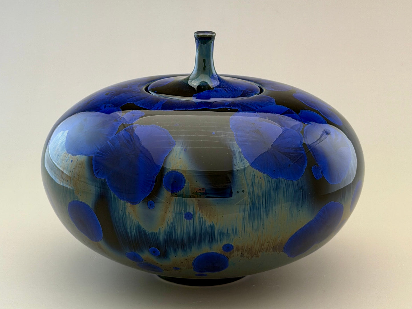 Hand-Thrown Porcelain Cremation Urn – 105 Cubic Inch Memorial Urn – Cobalt Blue Green Crystalline Glaze – Stephan Roy Studio