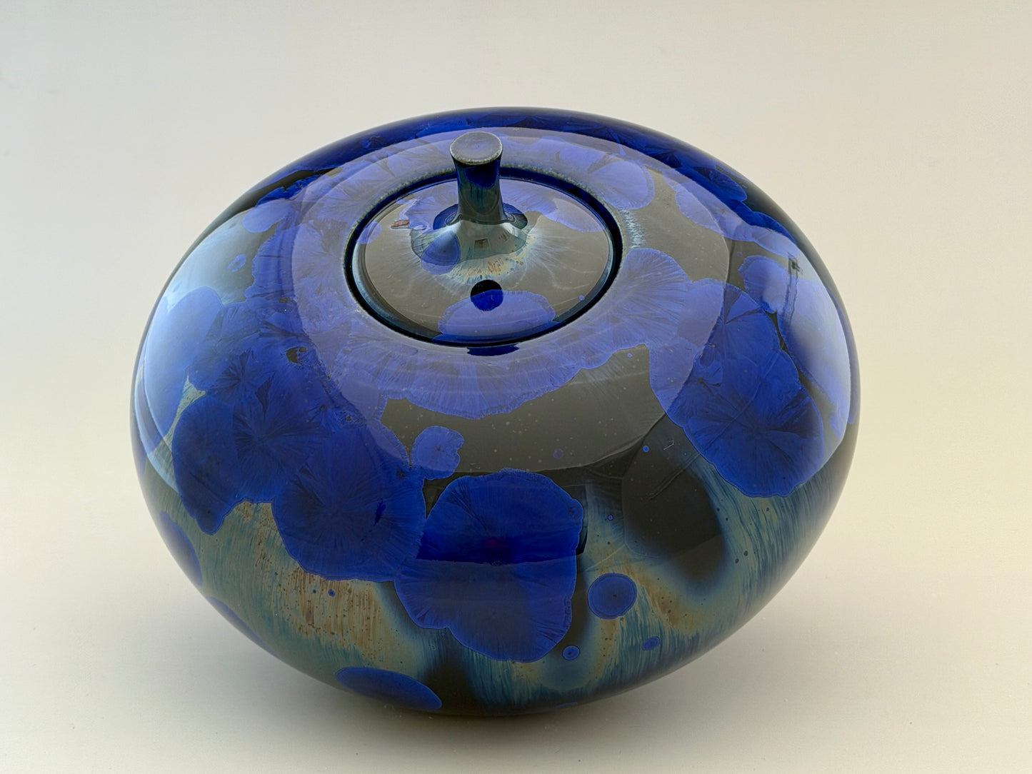 Hand-Thrown Porcelain Cremation Urn – 105 Cubic Inch Memorial Urn – Cobalt Blue Green Crystalline Glaze – Stephan Roy Studio