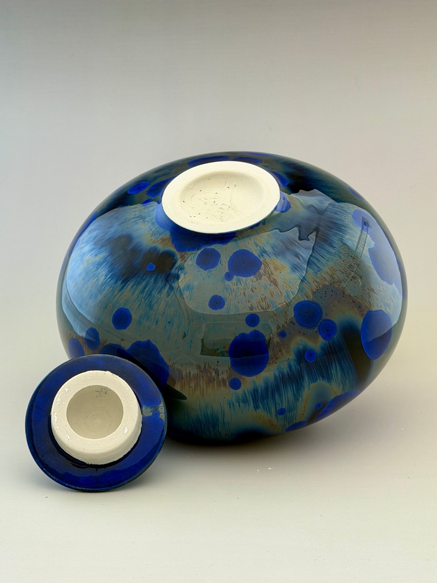 Hand-Thrown Porcelain Cremation Urn – 105 Cubic Inch Memorial Urn – Cobalt Blue Green Crystalline Glaze – Stephan Roy Studio