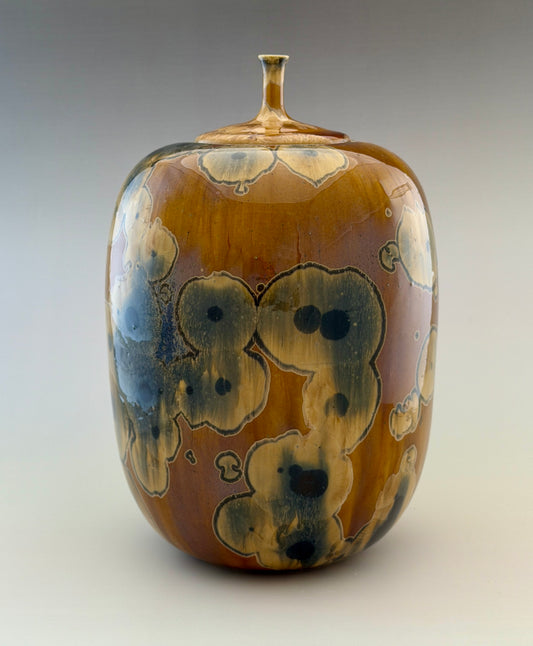 Hand-Thrown Porcelain Cremation Urn – 185 Cubic Inch Memorial Urn – Golden Tiger’s Eye Crystalline Glaze – Stephan Roy Studio
