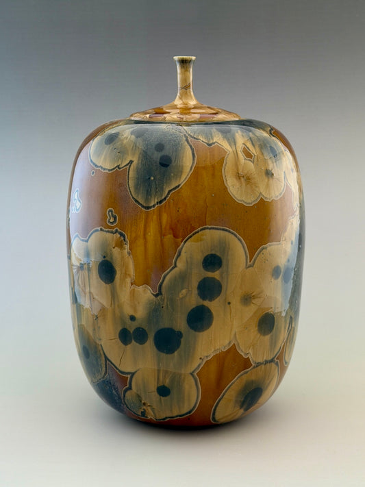 Hand-Thrown Porcelain Cremation Urn – 185 Cubic Inch Memorial Urn – Golden Tiger’s Eye Crystalline Glaze – Stephan Roy Studio