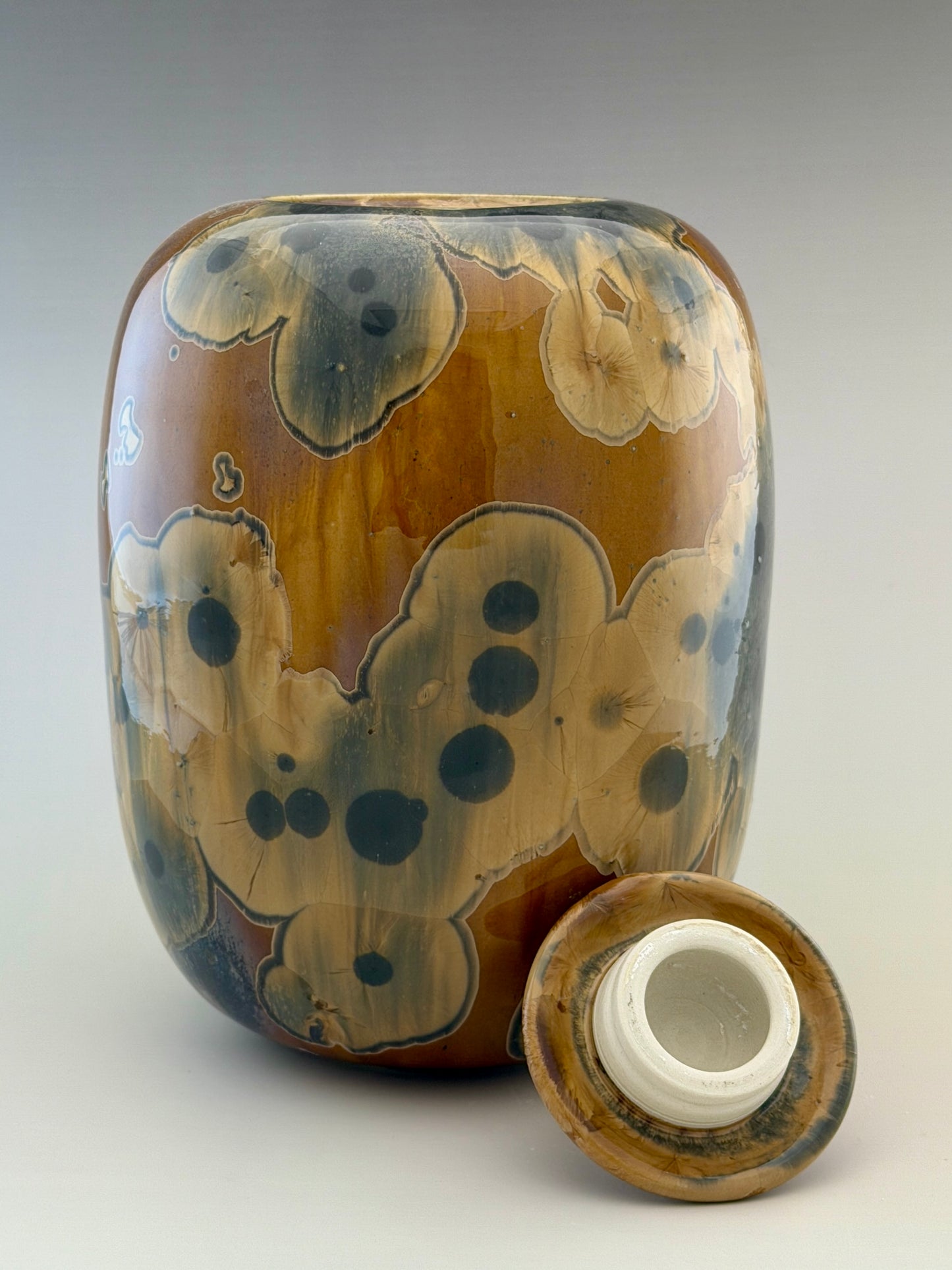 Hand-Thrown Porcelain Cremation Urn – 185 Cubic Inch Memorial Urn – Golden Tiger’s Eye Crystalline Glaze – Stephan Roy Studio