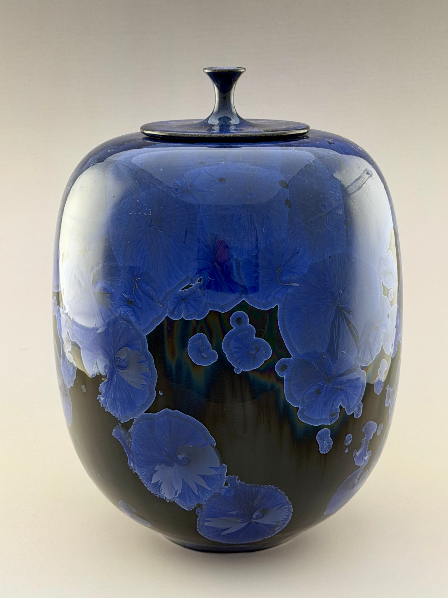 Hand-Thrown Porcelain Cremation Urn – 160 Cubic Inch Memorial Urn – Cobalt Blue Crystalline Glaze – Stephan Roy Studio