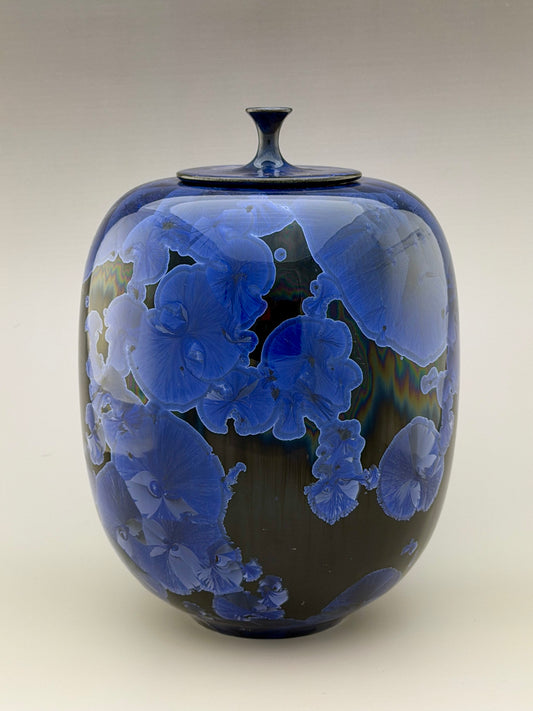 Hand-Thrown Porcelain Cremation Urn – 160 Cubic Inch Memorial Urn – Cobalt Blue Crystalline Glaze – Stephan Roy Studio