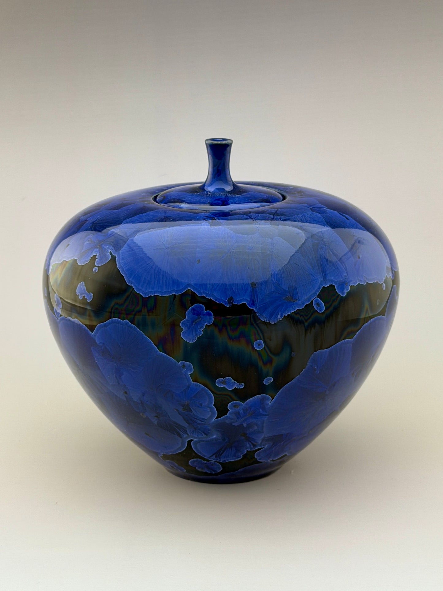 Hand-Thrown Porcelain Cremation Urn – 138 Cubic Inch Memorial Urn – Cobalt Blue Crystalline Glaze – Stephan Roy Studio