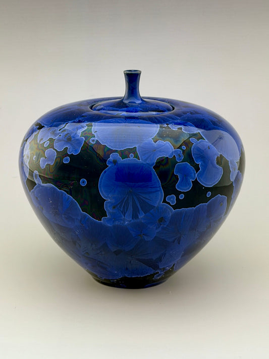 Hand-Thrown Porcelain Cremation Urn – 138 Cubic Inch Memorial Urn – Cobalt Blue Crystalline Glaze – Stephan Roy Studio
