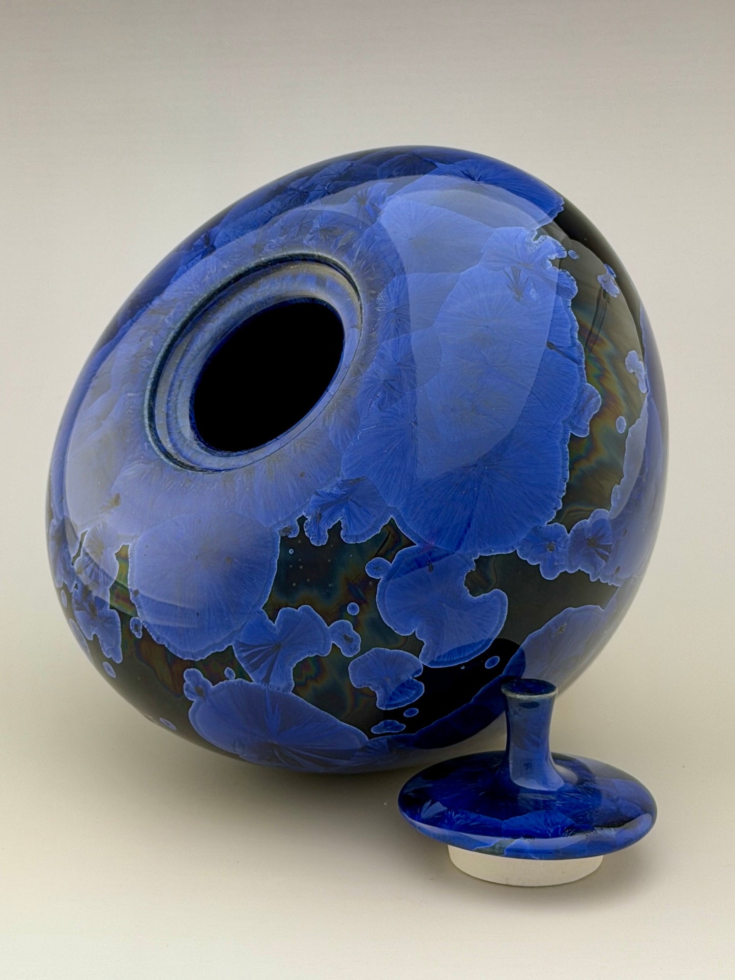 Hand-Thrown Porcelain Cremation Urn – 138 Cubic Inch Memorial Urn – Cobalt Blue Crystalline Glaze – Stephan Roy Studio